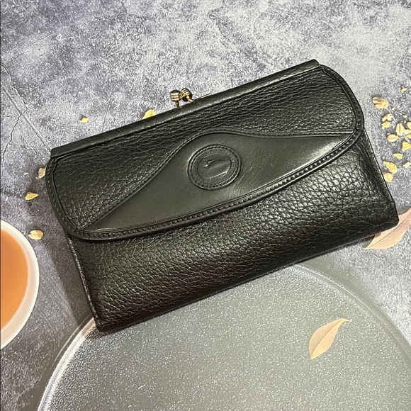 DOONEY & BOURKE CHECKBOOK BLACK LEATHER WITH KISSLOCK POUCH COIN BAG VINTAGE - Picture 1 of 6